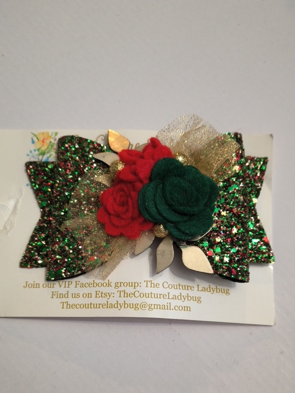 Couture Ladybug Glitter Rose Hair Clip - Red & Green
